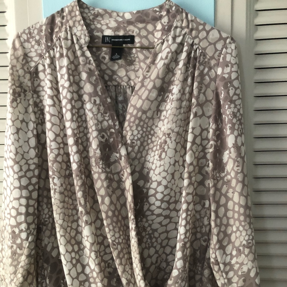 INC grey and white pattern front drape blouse with cuff sleeves. Pretty.